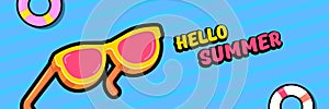 Super Hello summer vector banner with text and retro yellow sunglasses isolated on blue water background. Hello summer