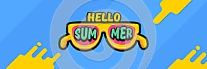 Super Hello summer vector banner with text and retro yellow sunglasses isolated on blue water background. Hello summer