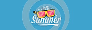 Super Hello summer vector banner with text and retro yellow sunglasses isolated on blue water background. Hello summer