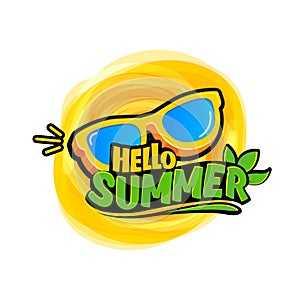 Super Hello summer vector logo with text and vintage retro yellow sunglasses isolated on background. Hello summer label