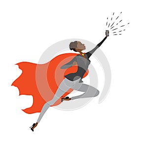 Super Hero african amercan woman in the fly with smart phone