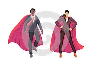 Super hero business african man and woman in red capes.