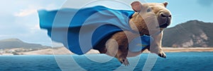 Super hero capybara with blue cape. AI generative illustration