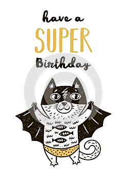 Super Hero cat drawing for greeting card or tee print