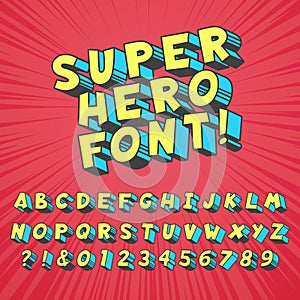 Super hero comics font. Comic graphic typography, funny supers heros alphabet and creative fonts letters symbol vector