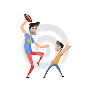 Super hero dad character playing American football with his son vector Illustration on a white background