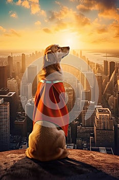 Super hero dog in front of big city new life concept photo realistic illustration - Generative AI.