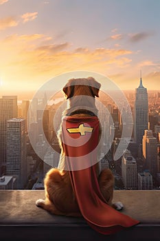 Super hero dog in front of big city new life concept photo realistic illustration - Generative AI.