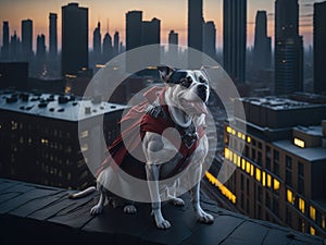 super hero dog on roof top over city. ai generative