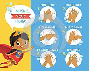 Super Hero Gorl shows how to wash your hands step poster Infographic illustration. Poster with african girl shows how to