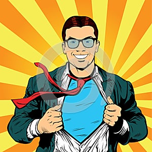 Super hero male businessman pop art retro vector illustration
