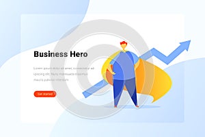 Super Hero Man with Cloak standing with Growing arrow Flat vector illustration. Grow Business Landing Page design template