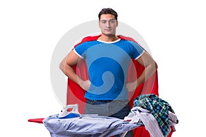 The super hero man husband ironing isolated on white