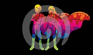 Super Hero Man and Woman standing together with costume cartoon graphic