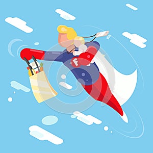 Super hero modern father flying sky clowds child in hand character flat design vector illustration