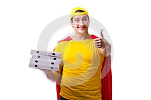 The super hero pizza delivery guy isolated on white