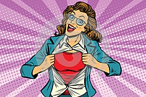 Super hero woman ripping shirt