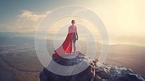 Super hero woman on top of a mountain. Generative AI