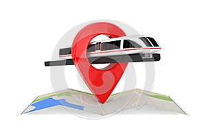 Super High Speed Futuristic Commuter Train over Folded Abstract Navigation Map with Target Pin Pointer. 3d Rendering