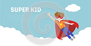 Super Kid Banner, Cute Boy in Superhero Costume and Mask Flying in Sky Vector Illustration