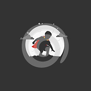 Super Kid with red robe in the Night. Silhouette