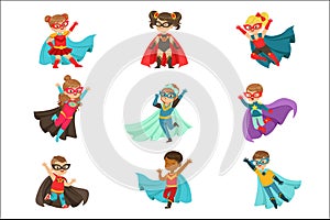 Super kids set, boys and girls in superhero costumes colorful vector Illustrations