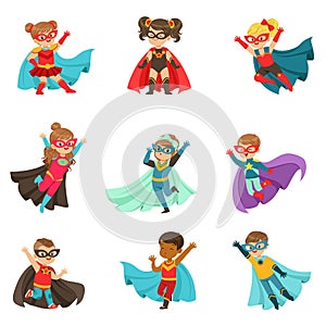 Super kids set, boys and girls in superhero costumes colorful vector Illustrations