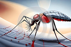 A Super Macro Close-Up Of A Mosquito Drinking Human Blood. Spreading Zika Virus, West Nile Virus, Chikungunya Virus, Dengue, And M