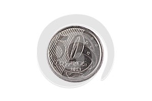 Brazilian 50 Centavo Coin Isolated On A white Background photo