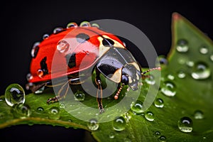 Super macro of a Ladybug on a green leaf with a morning dew