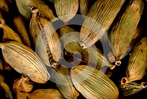 Super macro shot of  pods of  green cardamon from India  isolated on a black  food background very close in detail spice.