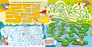 Super maze for kids. childrens labyrinth game. Pumping of logical and spatial thinking. Help little mice from different