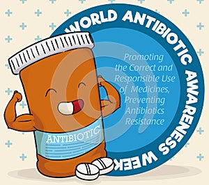 Super Medicine Bottle Character Celebrating World Antibiotic Awareness Week, Vector Illustration