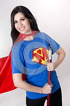 Super Hero Mom Mother Model Cleans With Broom