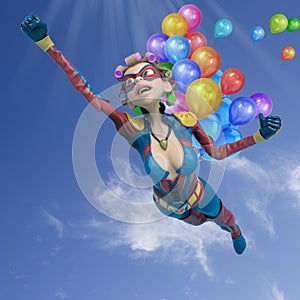 Super mom with curly hair cartoon flying with balloons