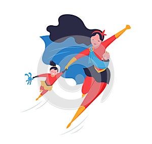 Super Mom. Flying superhero mother carrying a baby. Vector illustration