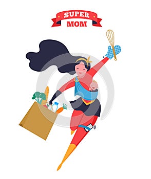 Super Mom. Flying superhero mother carrying a baby. Vector illustration