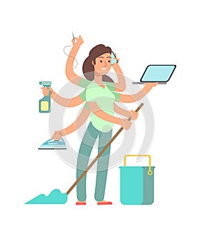 Super mom vector concept. Stressed mother in business and housework activities