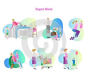 Super mom vector illustration collection set. Busy mom with kids and children. Household activities like cooking and shopping.