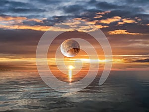 Super moon on evening otange sunset at sea reflection on water seascape dramatic cloudy pink blue sky nature background night seas