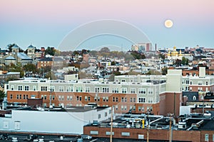 Super Moon and Sunset over an Aerial shot from North Fells Point