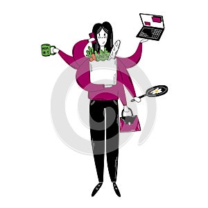 Super multitasking housewife, busy mom cleaning and cooking. Hand drawn doodle vector.