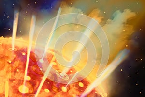 Super nova birth. Illustration of star or planet with explosions, fire, light beams and smokes going to open space. Concept of