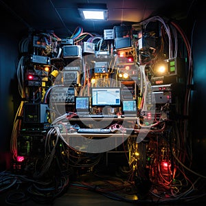 A super powerful computer assembled in a home environment, with numerous wires, monitors, and motherboards.