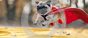 Super-Pug Soars in Style on a Sunny Day! #PugPower. Concept #PetFashion, #SuperPug, #SunnyDayPhotoshoot, #OutdoorFun, #PugLove