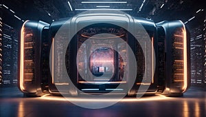 Super quantum computer background. Science and technology concept. Advance human civilization idea.