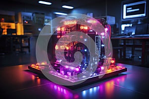Super quantum computer of the future, abstract design of futuristic processor and microchips, blockchain computing, cryptocurrency