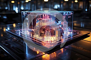 Super quantum computer of the future, abstract design of futuristic processor and microchips, blockchain computing, cryptocurrency