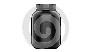 Super realistic 3d illustration sport nutrition container without label. Whey protein and mass gainer black plastic jar