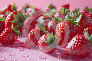 Super realistic close-up of vibrant strawberries with water droplets on a pink surface, capturing freshness